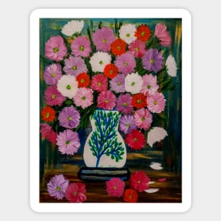 A beautiful bouquet of mixed flowers in a white vase with a tree painted on it Sticker